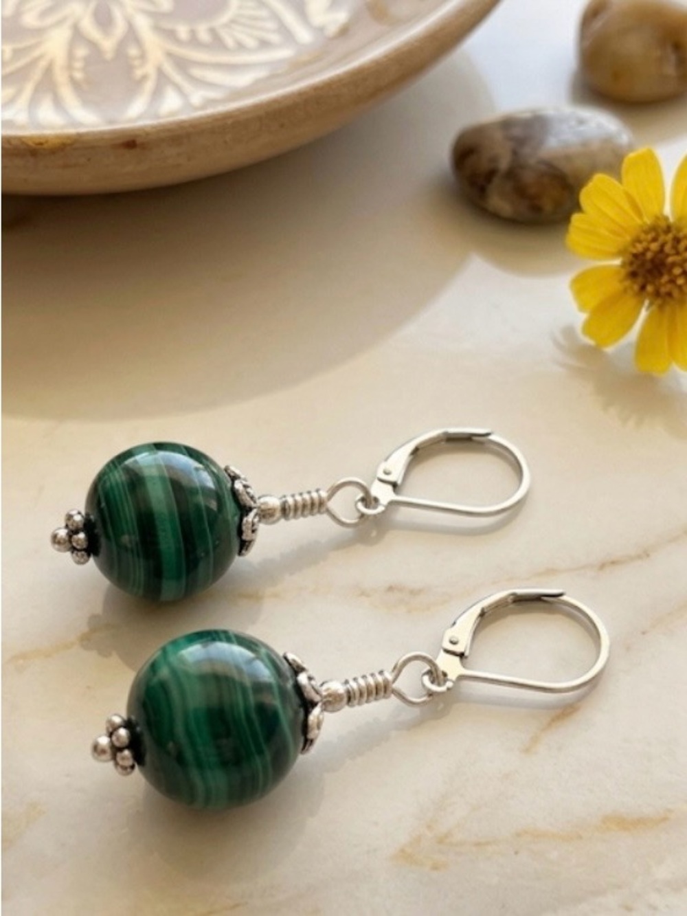 Artisan Genuine Malachite Leverback Earrings Sterling Silver Hand Cut NWT - Picture 4 of 11